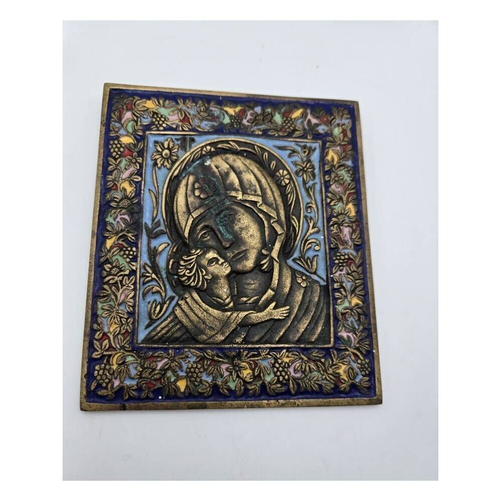 Antique 1800's Eastern Orthodox Enameled Bronze Mother of God Icon Wall Hanging